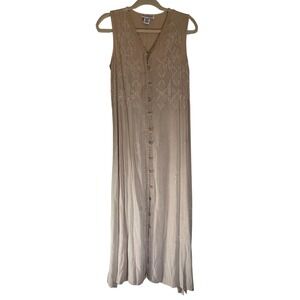 Vintage NorthStyle Beige Embroidered Button Front Maxi Dress Sleeveless Tie Back